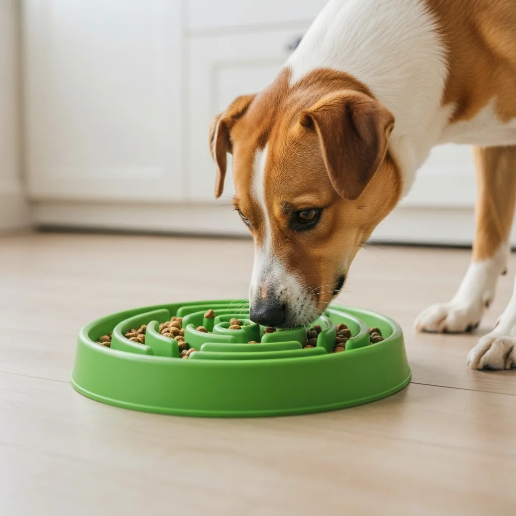 Dog eating from a green slow feeder dog bowl with a raised maze